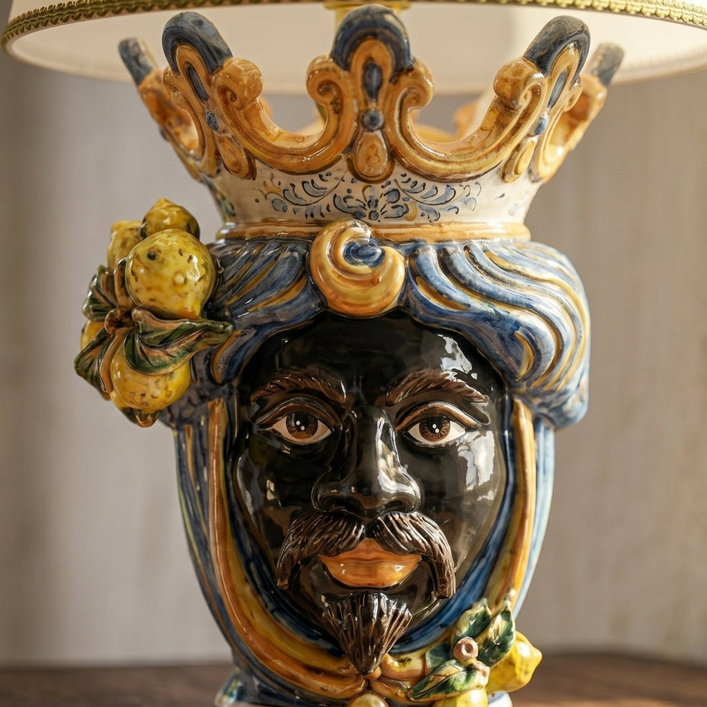Handcrafted Teste di Moro lamp with crown, lemons, and vibrant Sicilian ceramic design