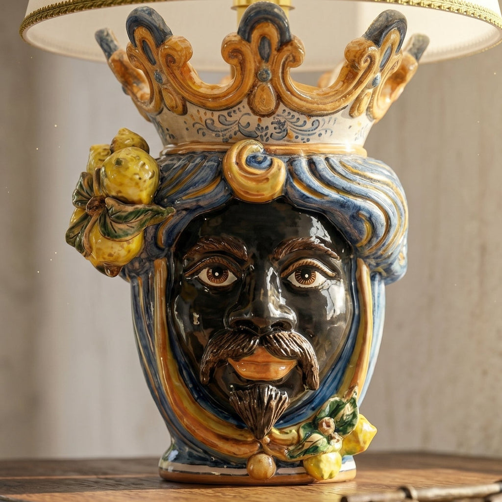 Handmade Sicilian Testa di Moro lamp with crown, lemons, and vibrant blue & gold ceramic details