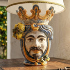 Handmade Sicilian Testa di Moro lamp with crown, citrus details, and vibrant ceramic design for home decor