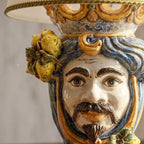 Handmade Sicilian Majolica Testa di Moro lamp with vibrant colors and citrus details, blending tradition and modern design.