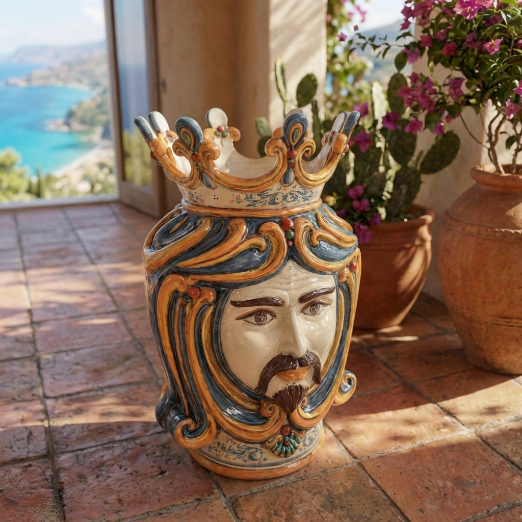 Handcrafted Teste di Moro ceramic vase with crown, set on terracotta tiles overlooking coastal view