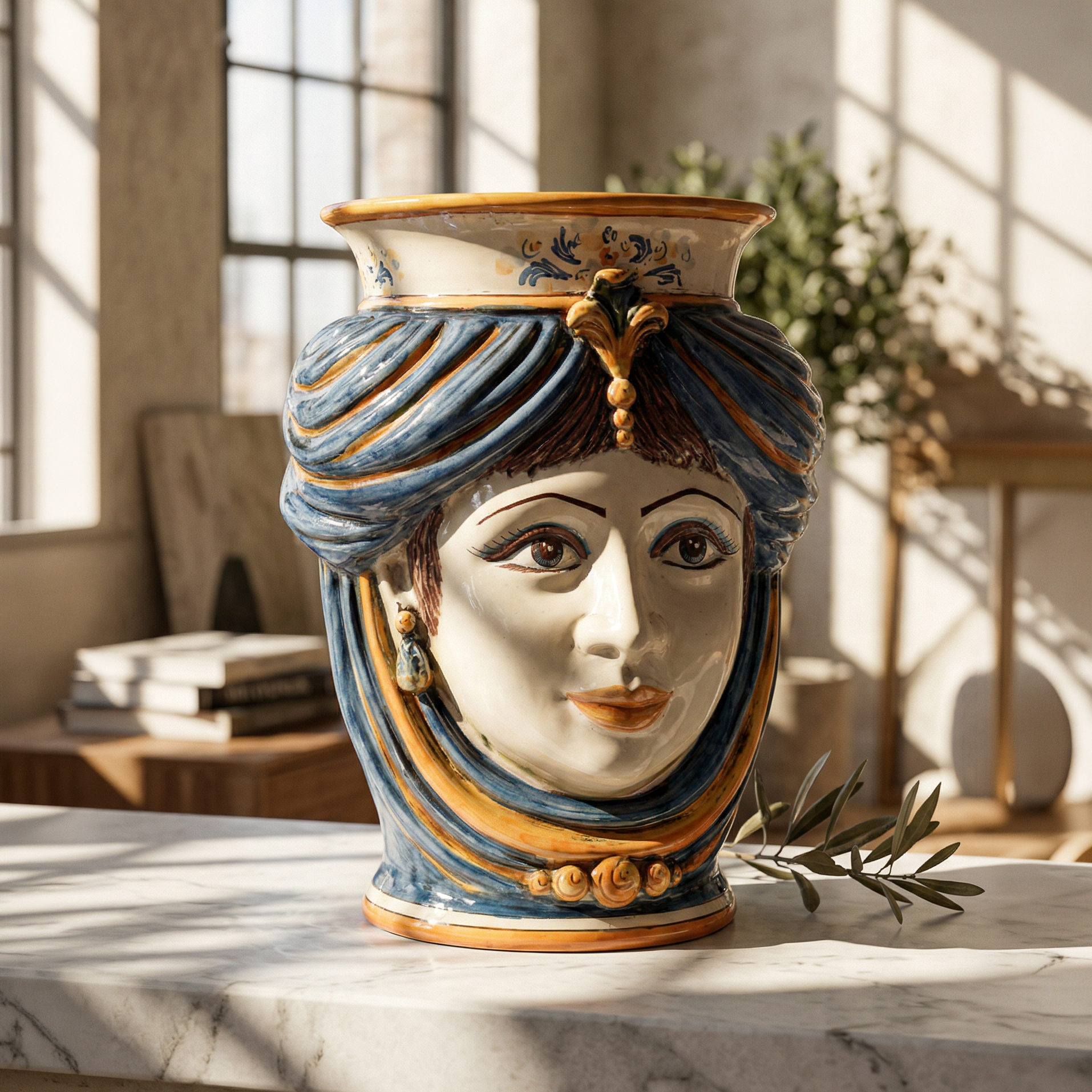 Handcrafted Teste di Moro vase with blue and gold detailing, showcasing traditional Sicilian artistry on marble surface.