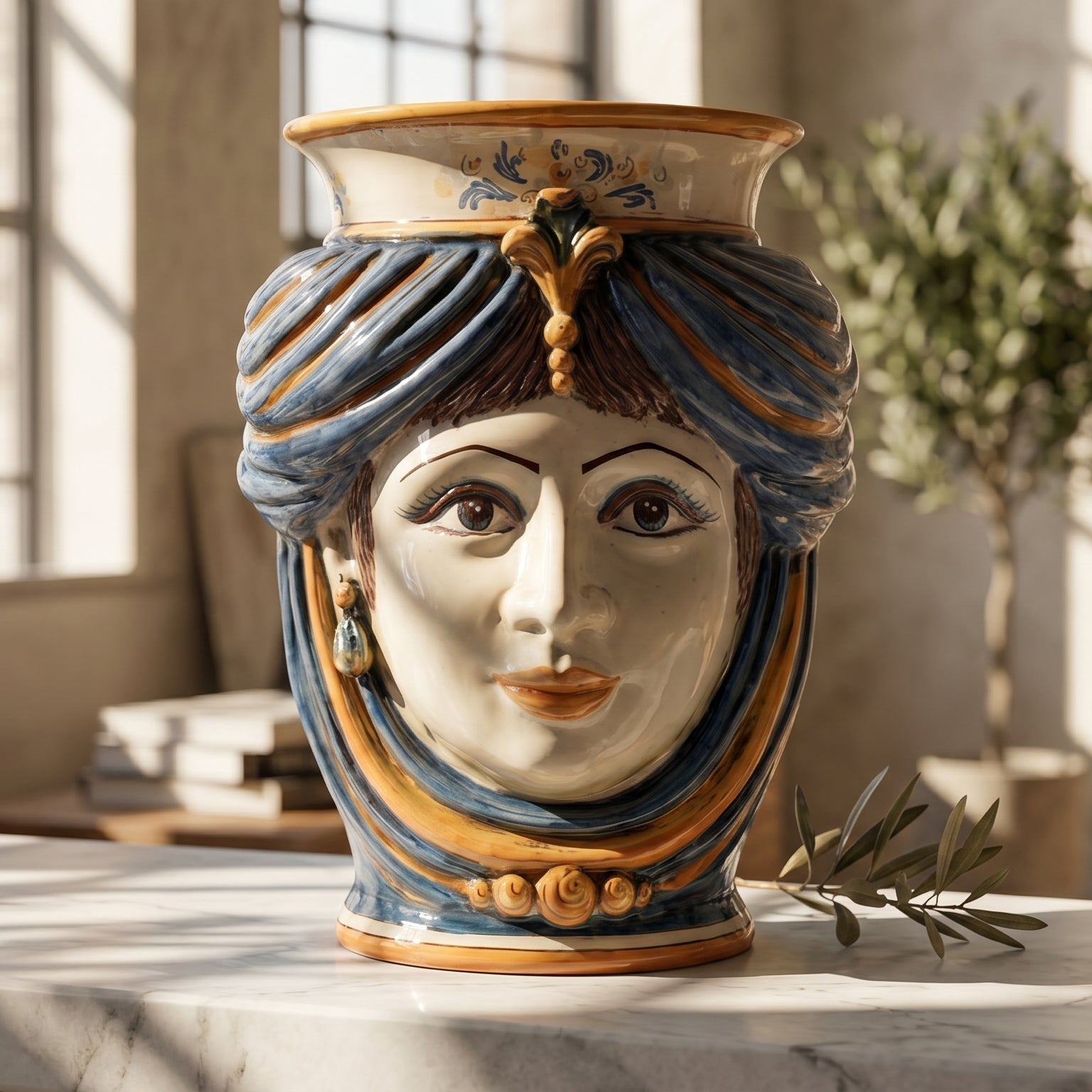 Handmade Teste di Moro ceramic vase with blue and gold turban, decorative face design for home decor
