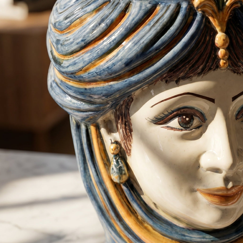 Hand-painted ceramic Testa di Moro with blue and gold swirls, detailed eyes, and ornate earring, showcasing Sicilian artistry.
