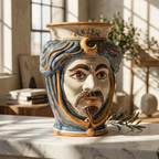 Handmade Teste di Moro vase with blue and gold swirls, featuring a detailed face, perfect for modern home decor.