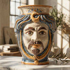 Handmade Teste di Moro ceramic vase with blue and gold swirls, featuring a detailed face with mustache, perfect for modern home decor.