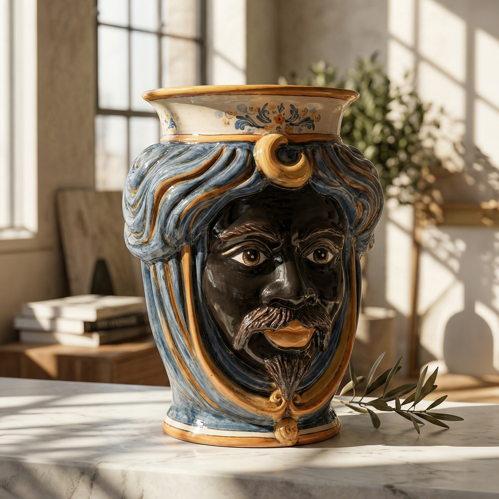 Handmade Teste di Moro vase with blue and gold swirls, featuring a detailed face, perfect for modern home decor.