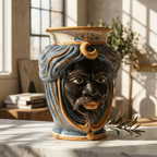 Handmade Teste di Moro vase with blue and gold swirls, featuring a detailed face, perfect for modern home decor.