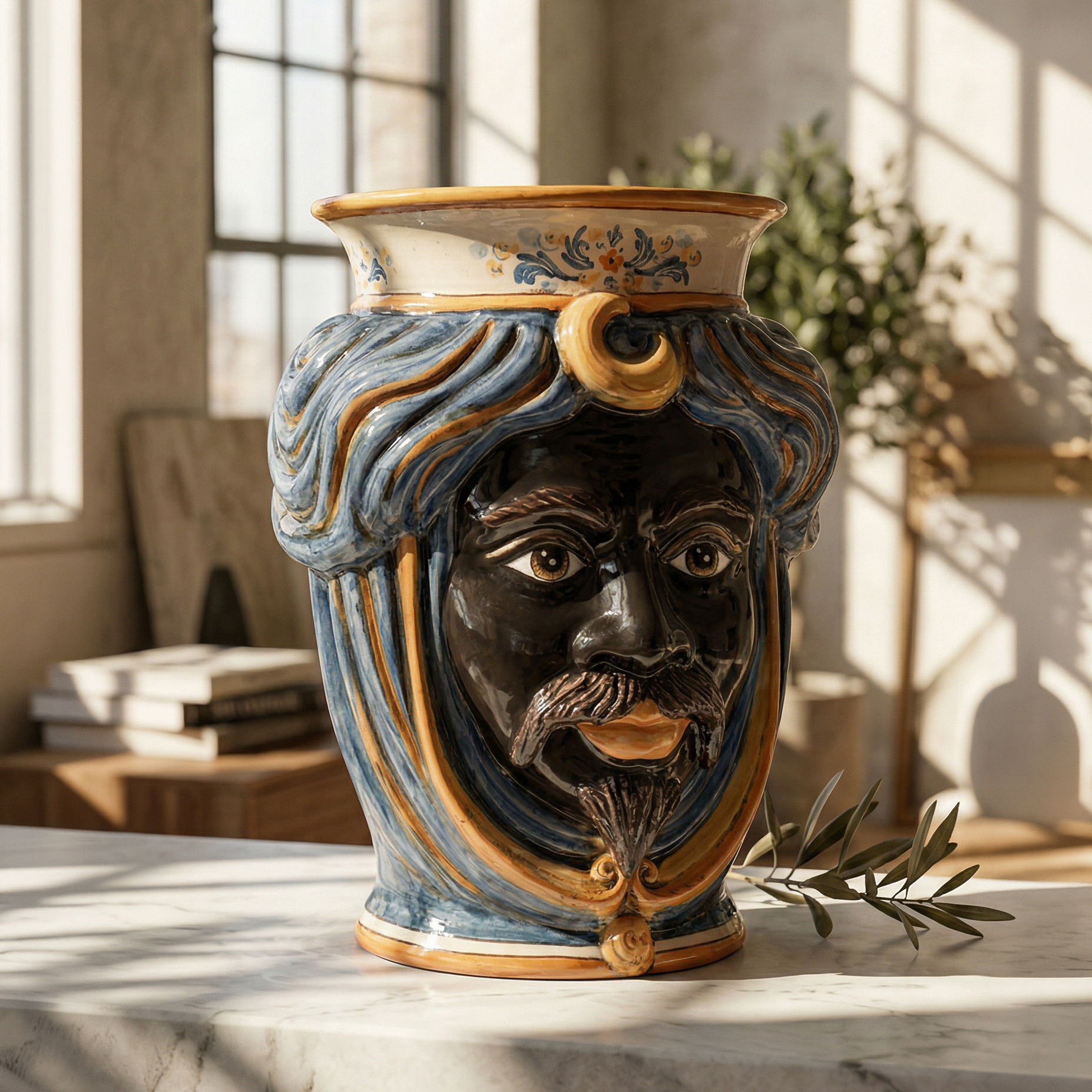 Handmade Teste di Moro vase with blue and gold swirls, featuring a detailed face, perfect for modern home decor.