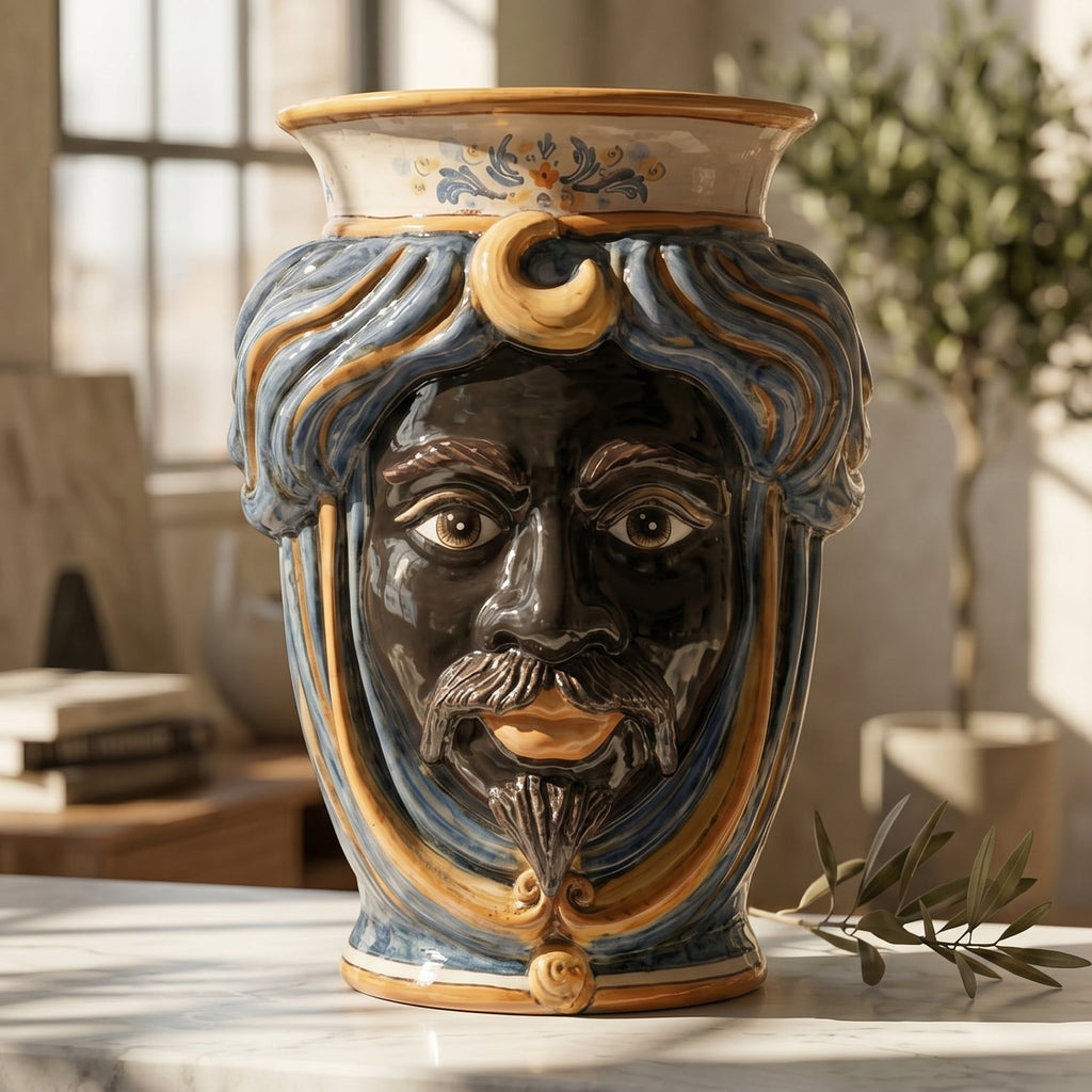 Handcrafted Teste di Moro ceramic vase with blue and gold swirls, featuring a detailed face and traditional Sicilian design.