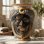 Handcrafted Teste di Moro ceramic vase with blue and gold swirls, featuring a detailed face and traditional Sicilian design.