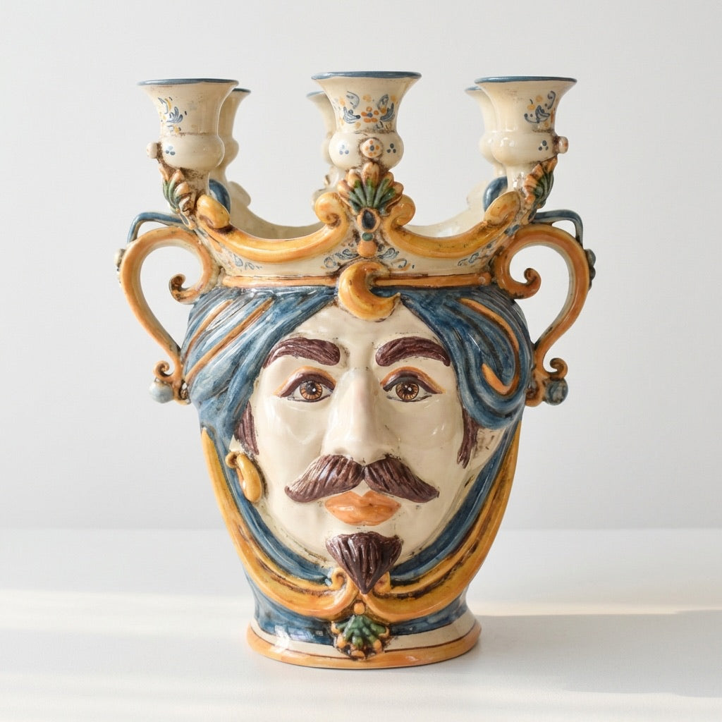 Handmade Teste di Moro ceramic vase with blue hair, mustache, and three candle holders, blending tradition and modern design.