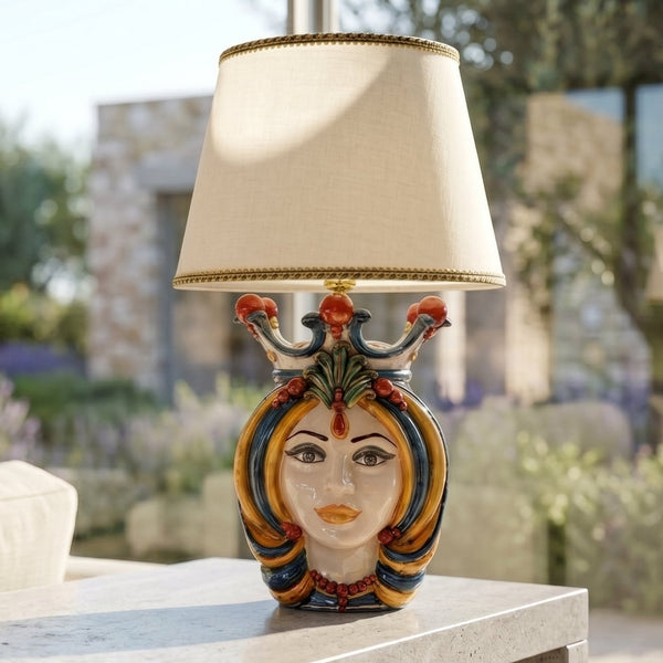 Table Lamp h 65 cm (ceramic h 38 cm, fabric lampshade Ø 40 cm) — Female, Blue and Orange