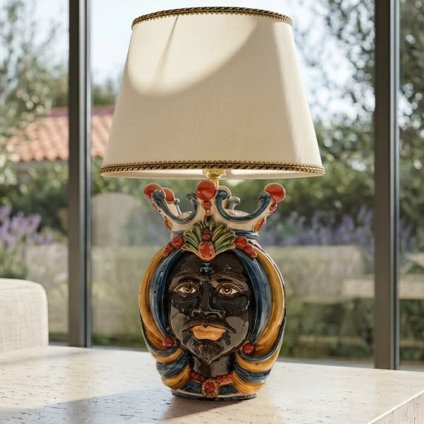 Lume a Testa h 65 cm (ceramica h 38 cm, Paralume in Tessuto Ø 40 cm) - Maschio Moro, Blu e Arancio