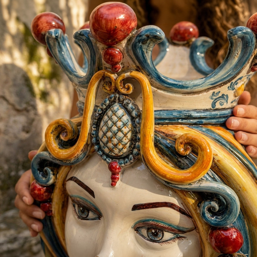 Hand-painted Teste di Moro ceramic vase with ornate crown, blue swirls, and red accents, held outdoors