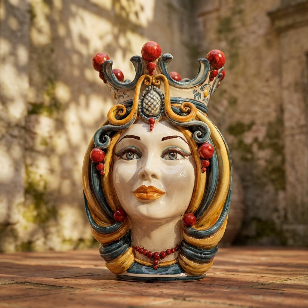 Handcrafted Teste di Moro ceramic vase with crown, vibrant colors, and intricate details for home decor