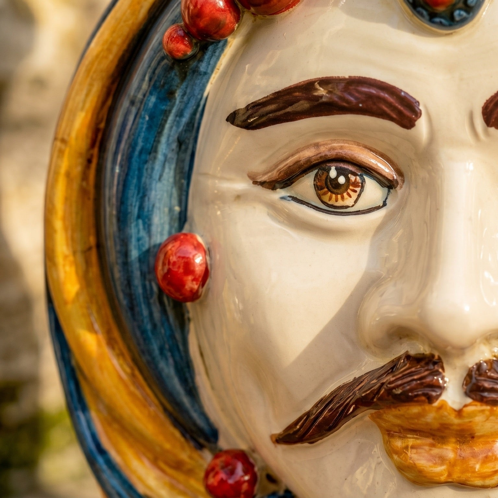 Handcrafted Teste di Moro ceramic face with vibrant blue and gold details, traditional Sicilian art