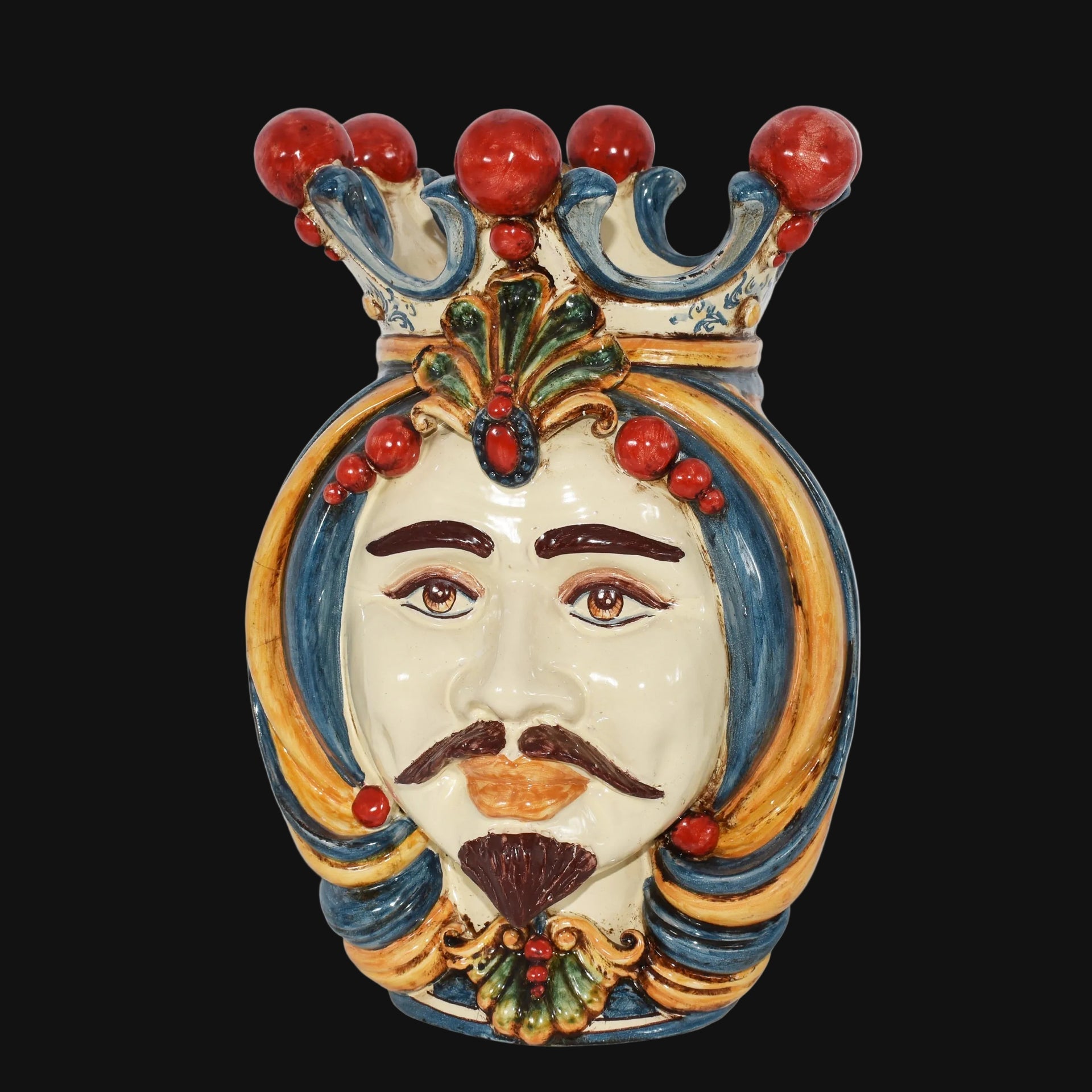 Handmade Teste di Moro wall vase with crown, vibrant colors, and detailed facial features for home decor