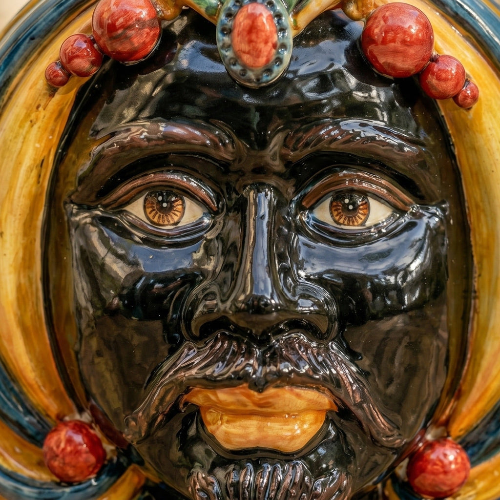 Handcrafted Teste di Moro ceramic face with vibrant glaze, detailed eyes, and ornate red bead crown.