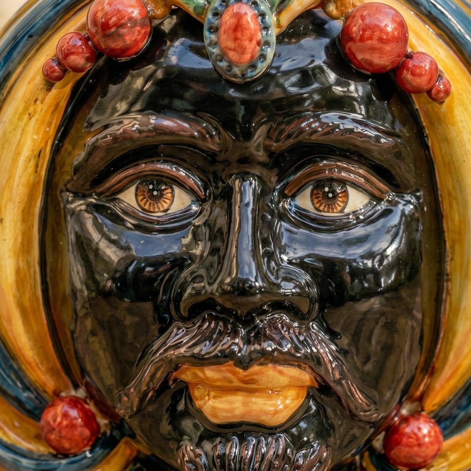 Handcrafted Teste di Moro ceramic face with vibrant glaze, detailed eyes, and ornate red bead crown.