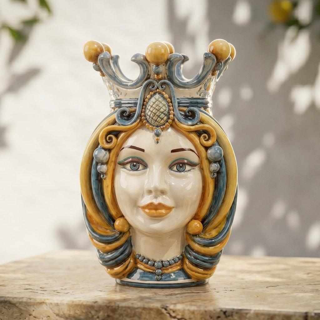 Handmade Teste di Moro ceramic vase with crown, blue and gold swirls, perfect for modern home decor