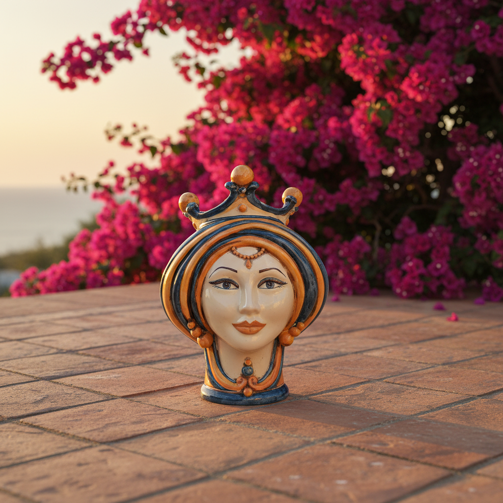 Handcrafted Teste di Moro ceramic head with crown, set against vibrant pink flowers and sunset.