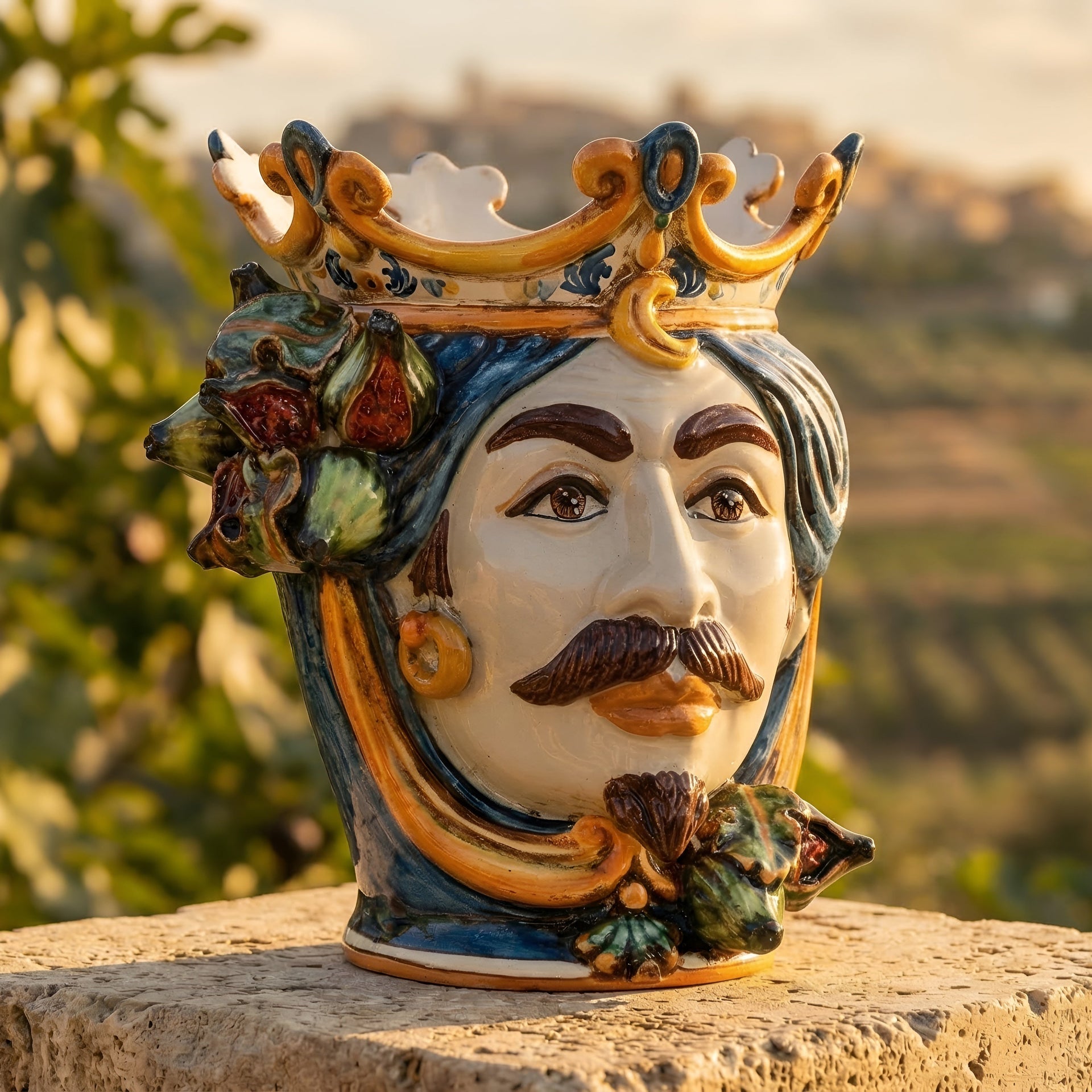 Handmade Teste di Moro ceramic vase with crown, figs, and mustache, blending tradition and modern design.