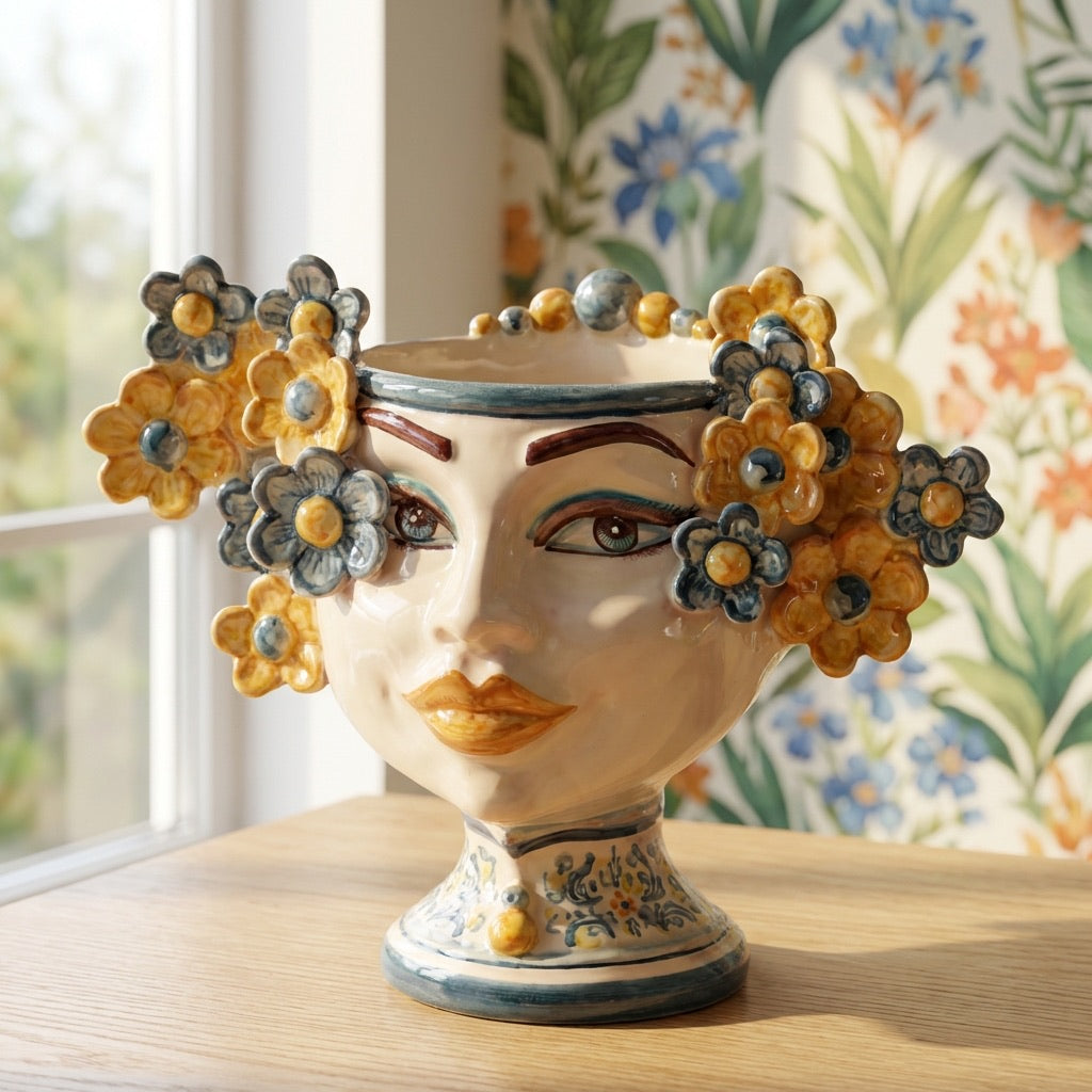 Handmade Teste di Moro ceramic vase with floral crown, perfect for modern home decor