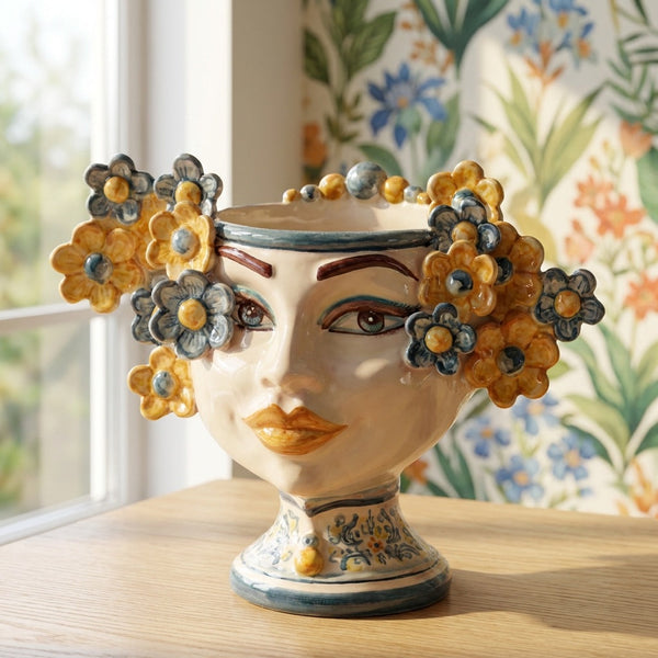 Moro-Kopf mit Blumen h 20 cm, Blau und Orange