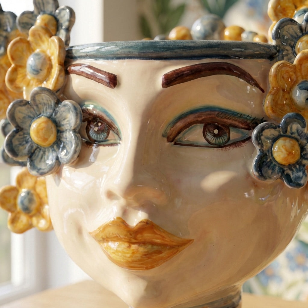 Handcrafted Teste di Moro ceramic face with floral crown, blending tradition and modern design for home decor.