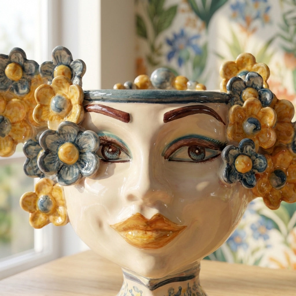 Handmade ceramic Testa di Moro with floral crown, traditional Sicilian design for home decor