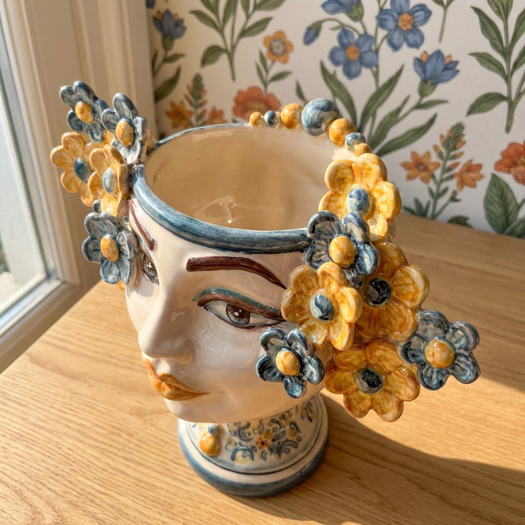 Handmade Teste di Moro vase with floral crown, ceramic face decor, perfect for modern or traditional interiors