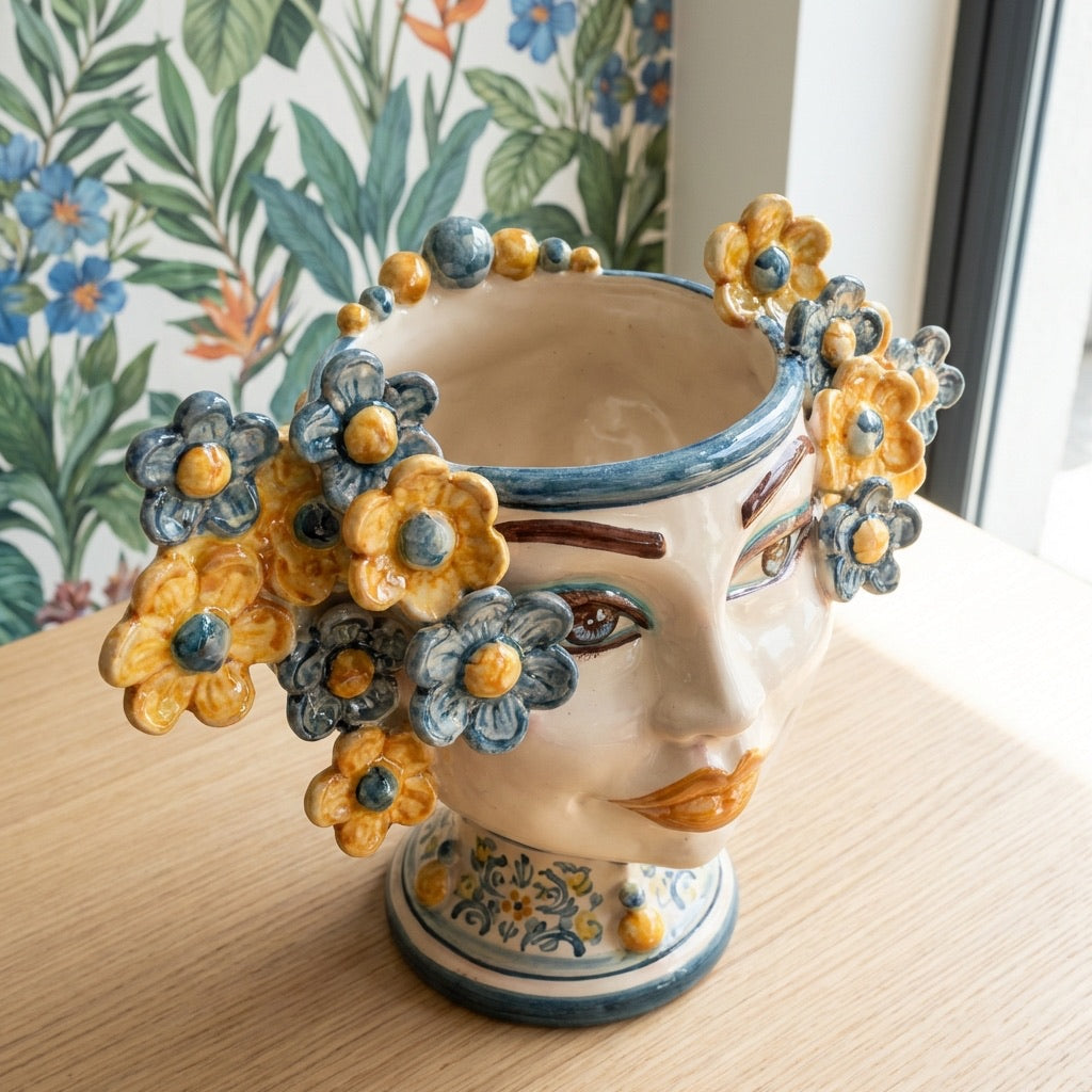 Handmade ceramic Teste di Moro vase with floral crown, traditional Sicilian design for home decor
