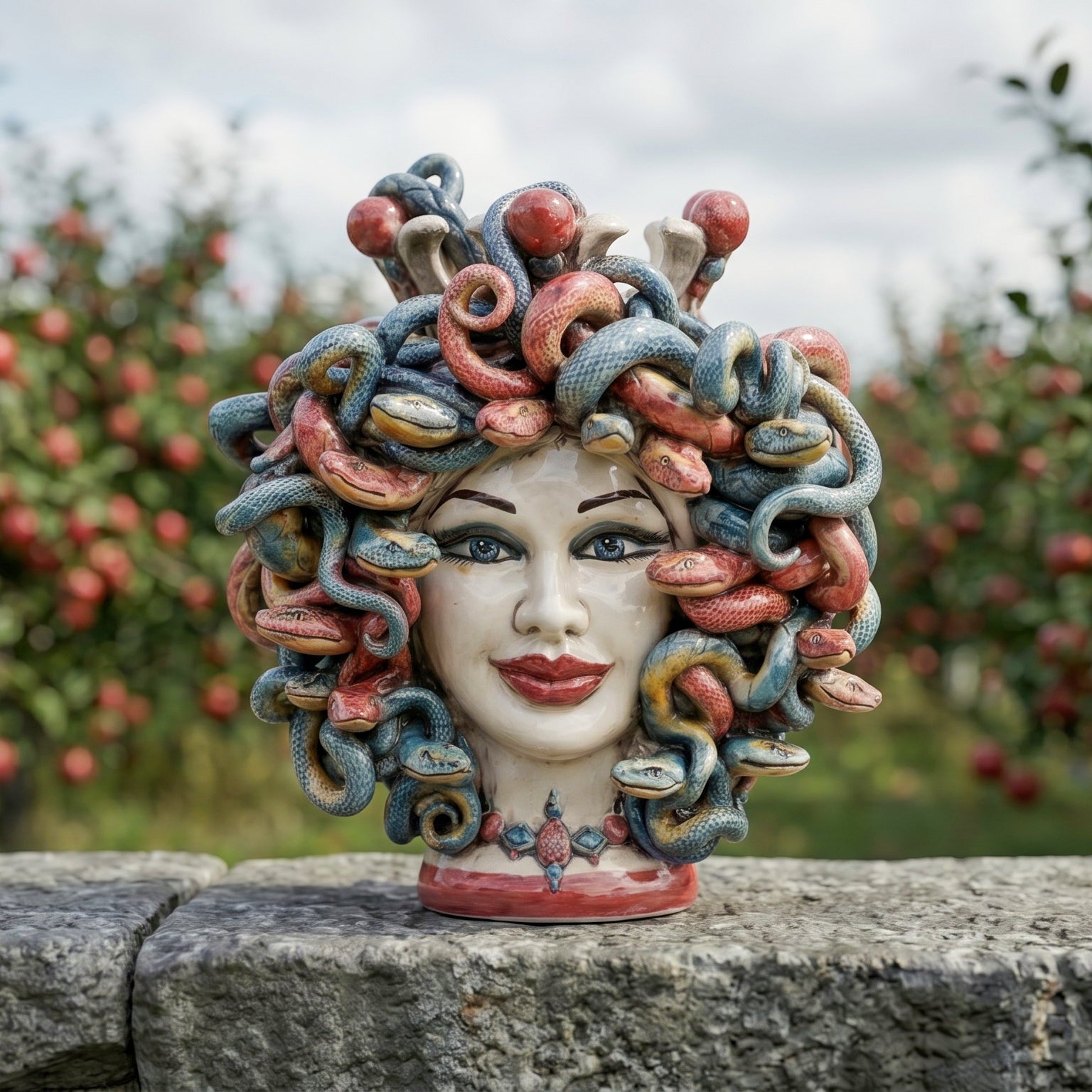 Testa Medusa h 25 cm maschio moro — con Perline Bordeaux | Ceramica Caltagirone