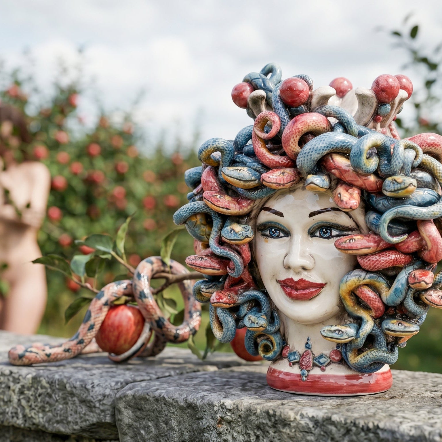 Testa Medusa h 25 cm maschio moro — con Perline Bordeaux | Ceramica Caltagirone