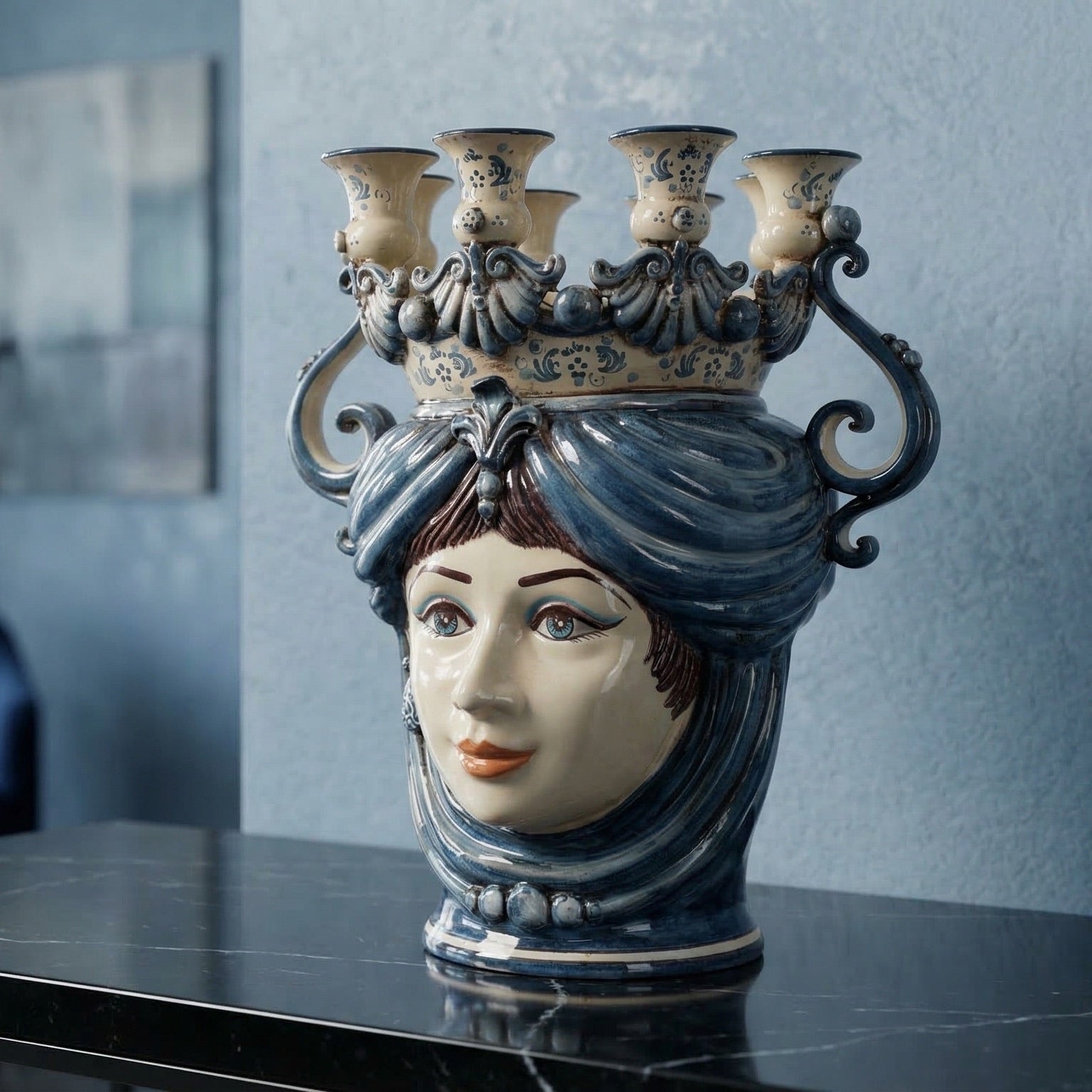 Handmade Teste di Moro ceramic vase with blue hair, crown, and candle holders, blending tradition and modern design.