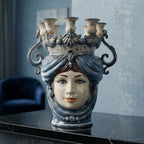 Handcrafted Teste di Moro ceramic vase with ornate crown and blue accents, perfect for modern home decor.