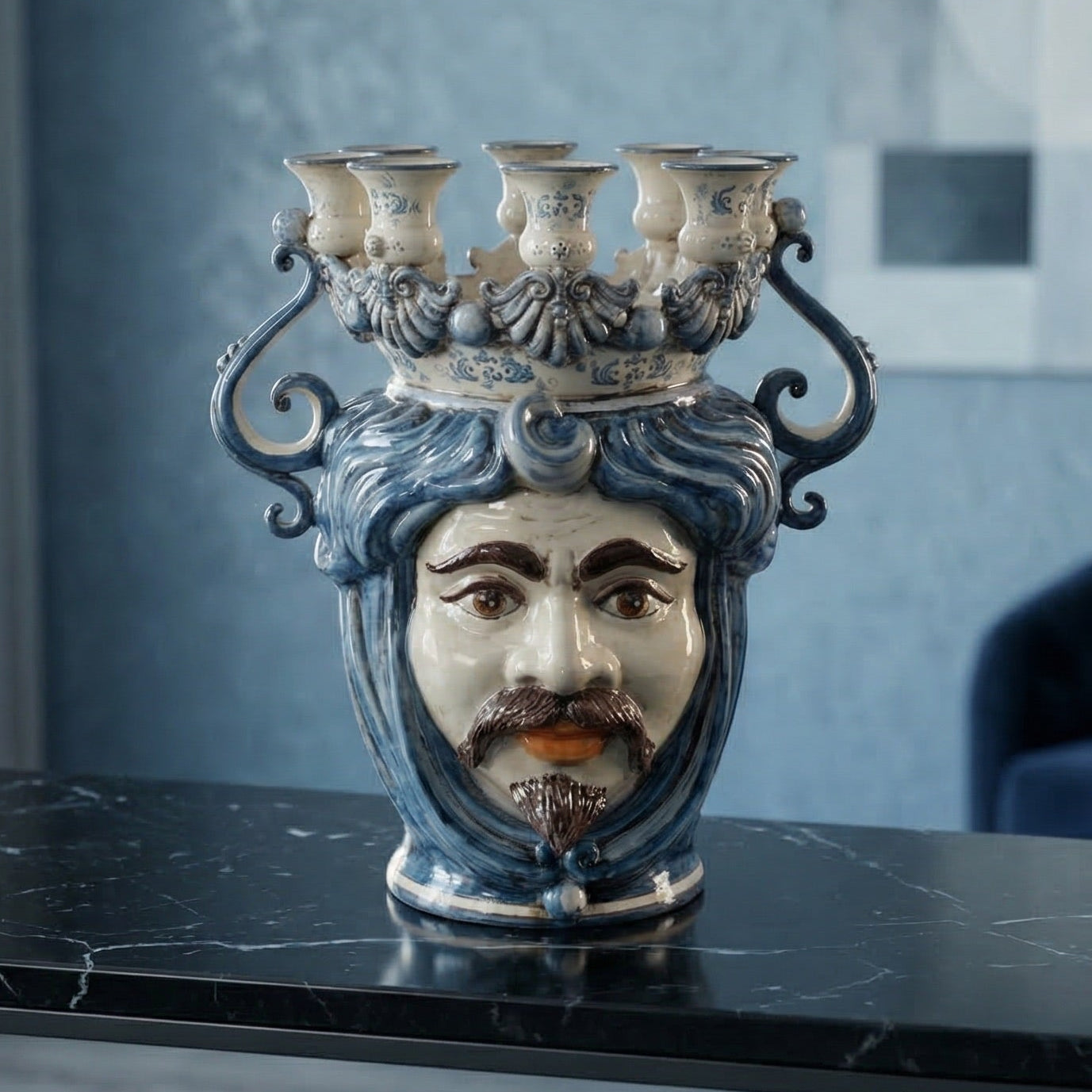 Handmade Teste di Moro ceramic vase with blue and white glaze, featuring a bearded face and crown with candle holders