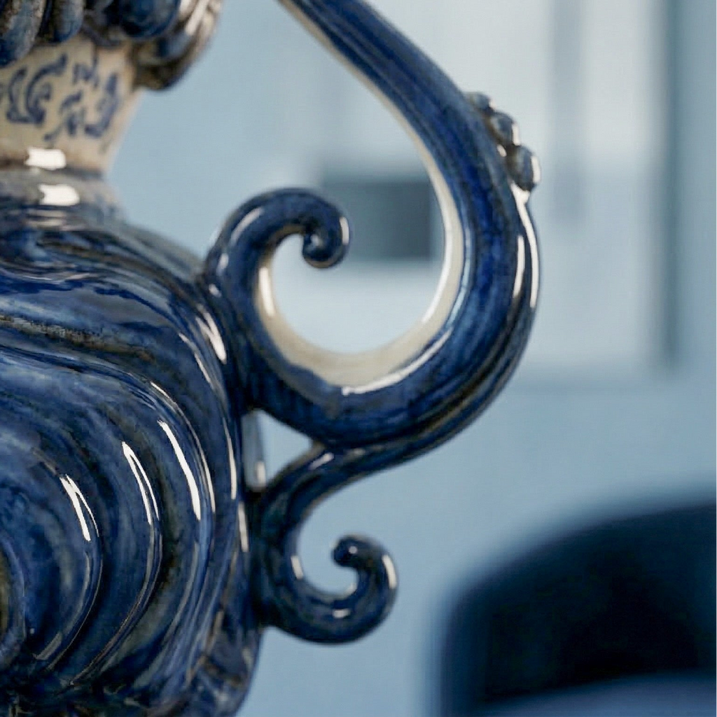 Handcrafted blue ceramic Teste di Moro with ornate scroll handle, blending tradition and modern design.