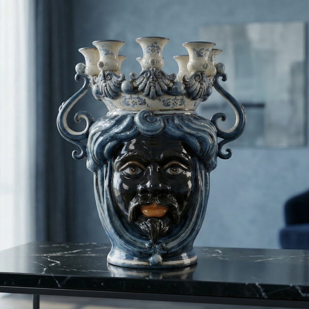 Handcrafted Teste di Moro ceramic vase with blue and white crown, featuring a bearded face and candle holders, perfect for modern home decor.