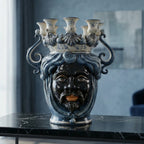 Handcrafted Teste di Moro ceramic vase with blue and white crown, featuring a bearded face and candle holders, perfect for modern home decor.