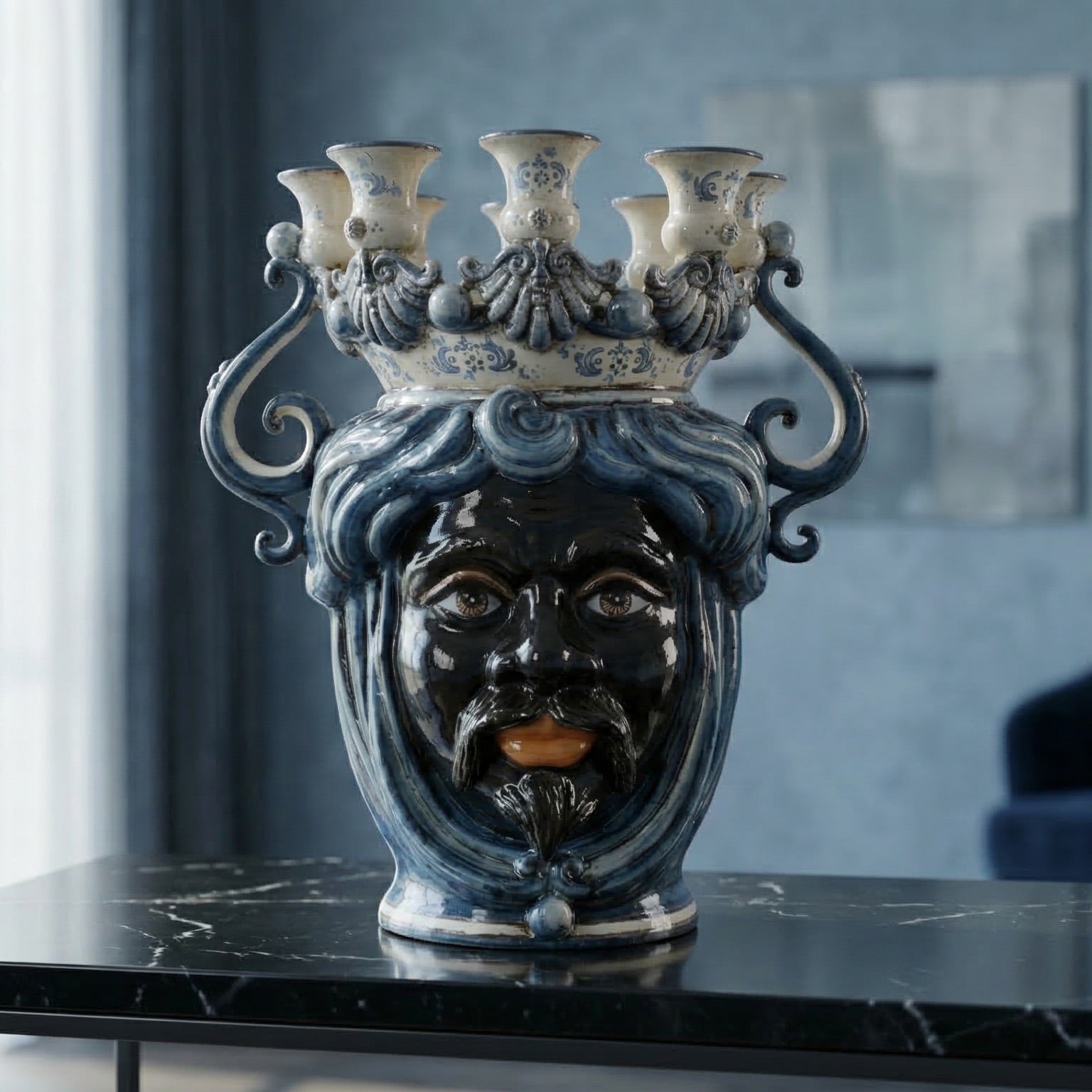 Handcrafted Teste di Moro ceramic vase with blue and white crown, featuring a bearded face and candle holders, perfect for modern home decor.