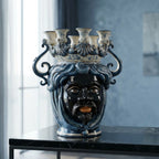 Handmade Teste di Moro ceramic vase with blue and white glaze, featuring a face and candle holders, perfect for modern decor.
