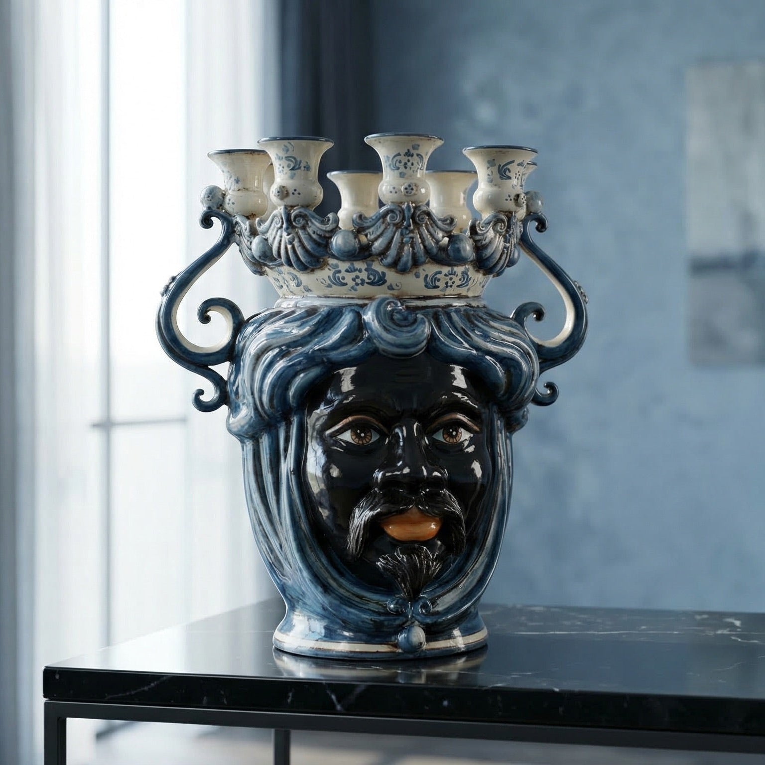 Handmade Teste di Moro ceramic vase with blue and white glaze, featuring a face and candle holders, perfect for modern decor.