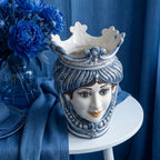 Handmade ceramic Testa di Moro vase with blue crown, perfect for modern home decor