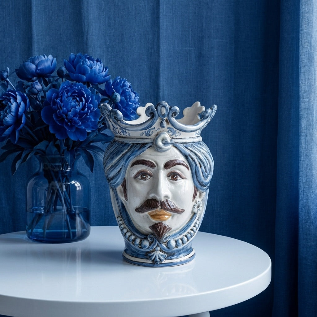 Handmade Teste di Moro ceramic vase with crown, blue and white design, displayed on white table with blue flowers