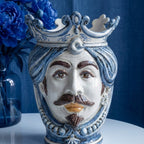 Handmade Teste di Moro ceramic vase with blue crown, mustache, and traditional Sicilian design