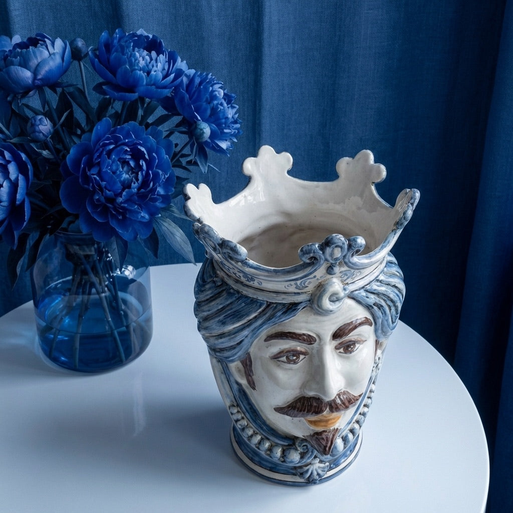 Handmade Teste di Moro ceramic vase with blue crown, displayed with blue peonies on white table