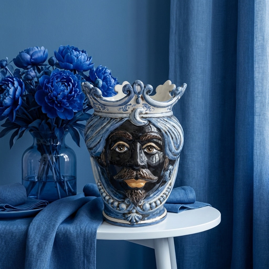 Handmade Teste di Moro ceramic vase with crown, blue decor, perfect for modern home styling