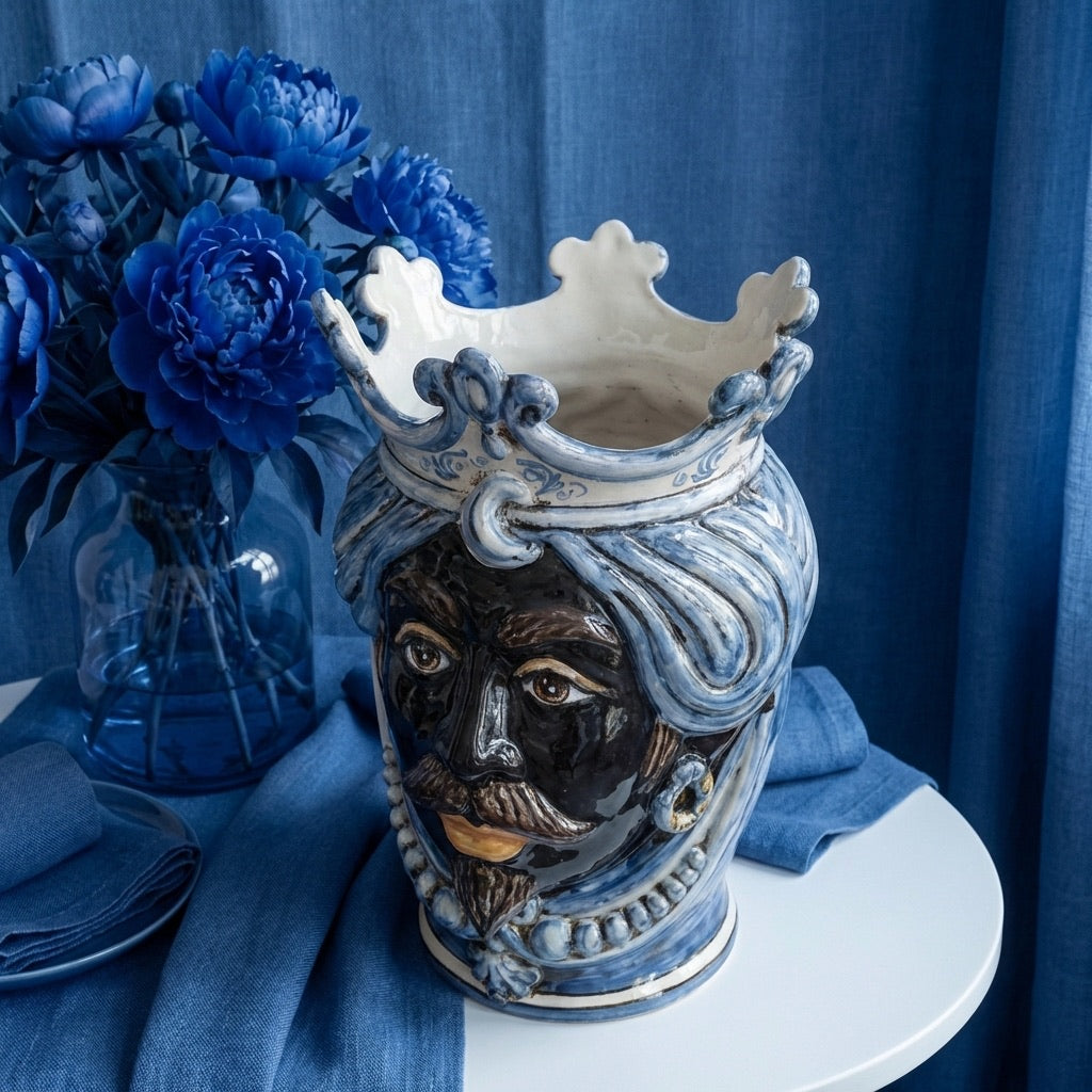 Handmade Teste di Moro ceramic vase with blue and white crown, displayed with blue peonies on a table.